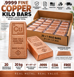 A promotional product graphic for copper kilo bars showing a box of sealed copper bars, two large engraved copper bars in front, and feature icons for COA, made in USA, individually sealed, and free shipping. Text highlights .